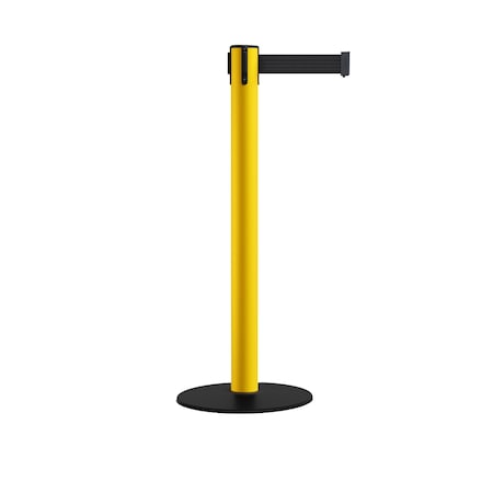 Montour Line Retractable Belt Stanchion, Low Base, 3in Yellow Post  14ft Black Belt S660-YW-BK-140